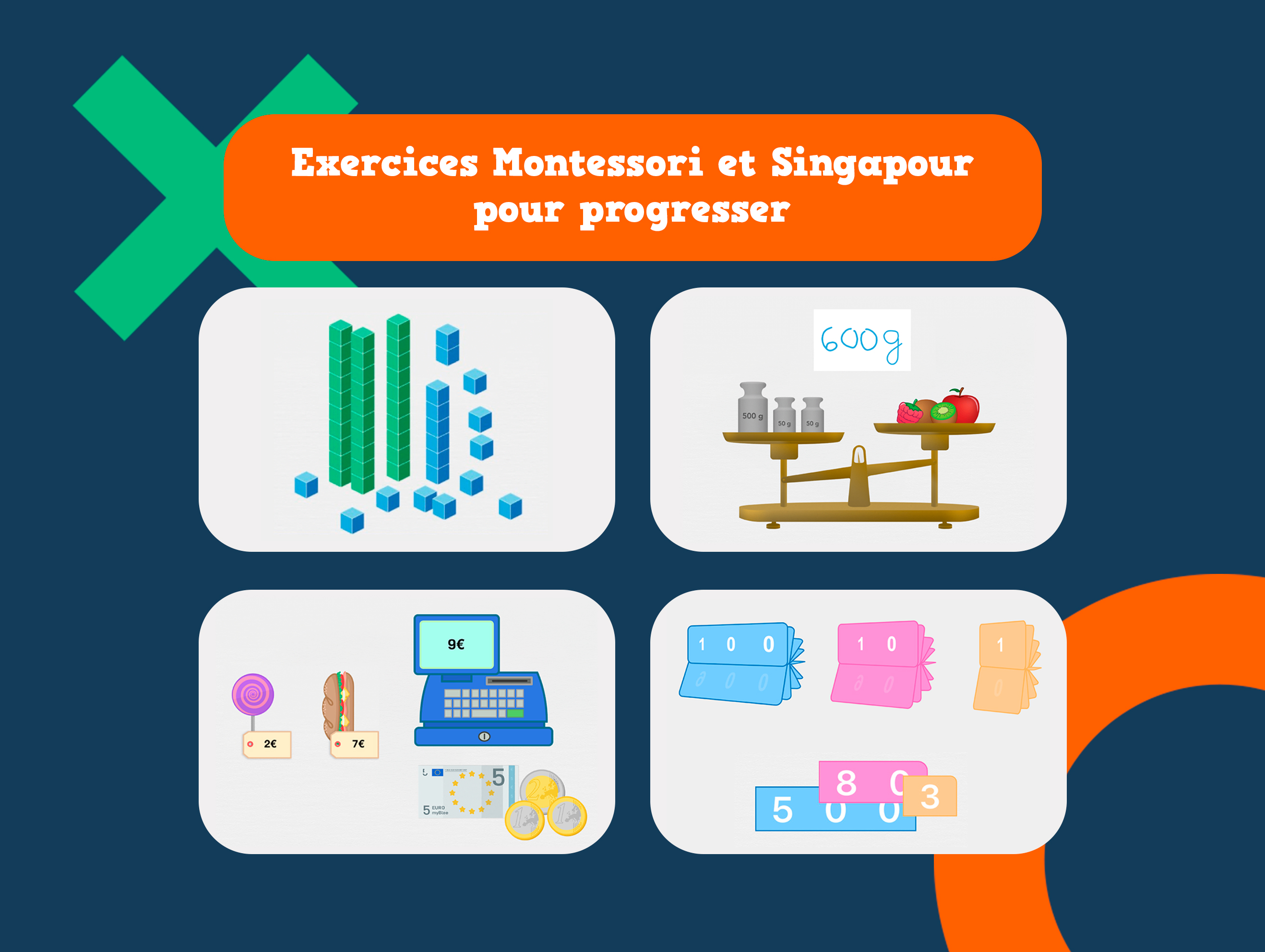 Ensemble de visuels de l'application myBlee Math sur les thèmes des cubes empilables, du mesure de masse, du système monétaire, et des cartes Montessori. Le tout accompagné de l'inscription 'Exercices Montessori et Singapour pour progresser'