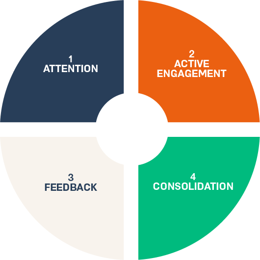 Diagram showing the 4 pillars of learning which are 1: attention, 2: active engagement, 3: feedback, 4: consolidation