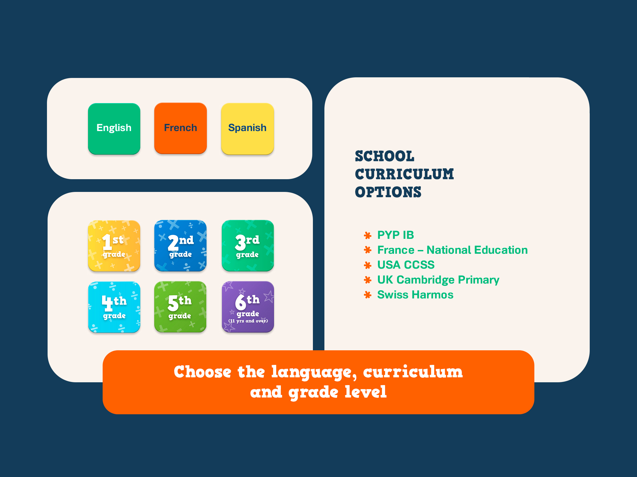 Screenshot of myBlee School menu options allowing the user to choose the language, curriculum, and grade level.