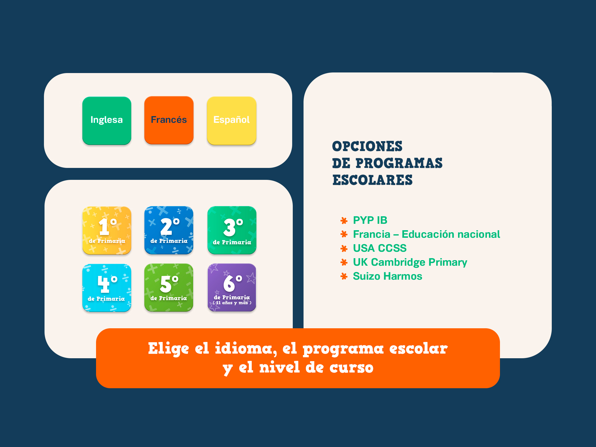 Captura del menú de myBlee School que permite elegir el idioma, el programa escolar y el nivel de la clase.