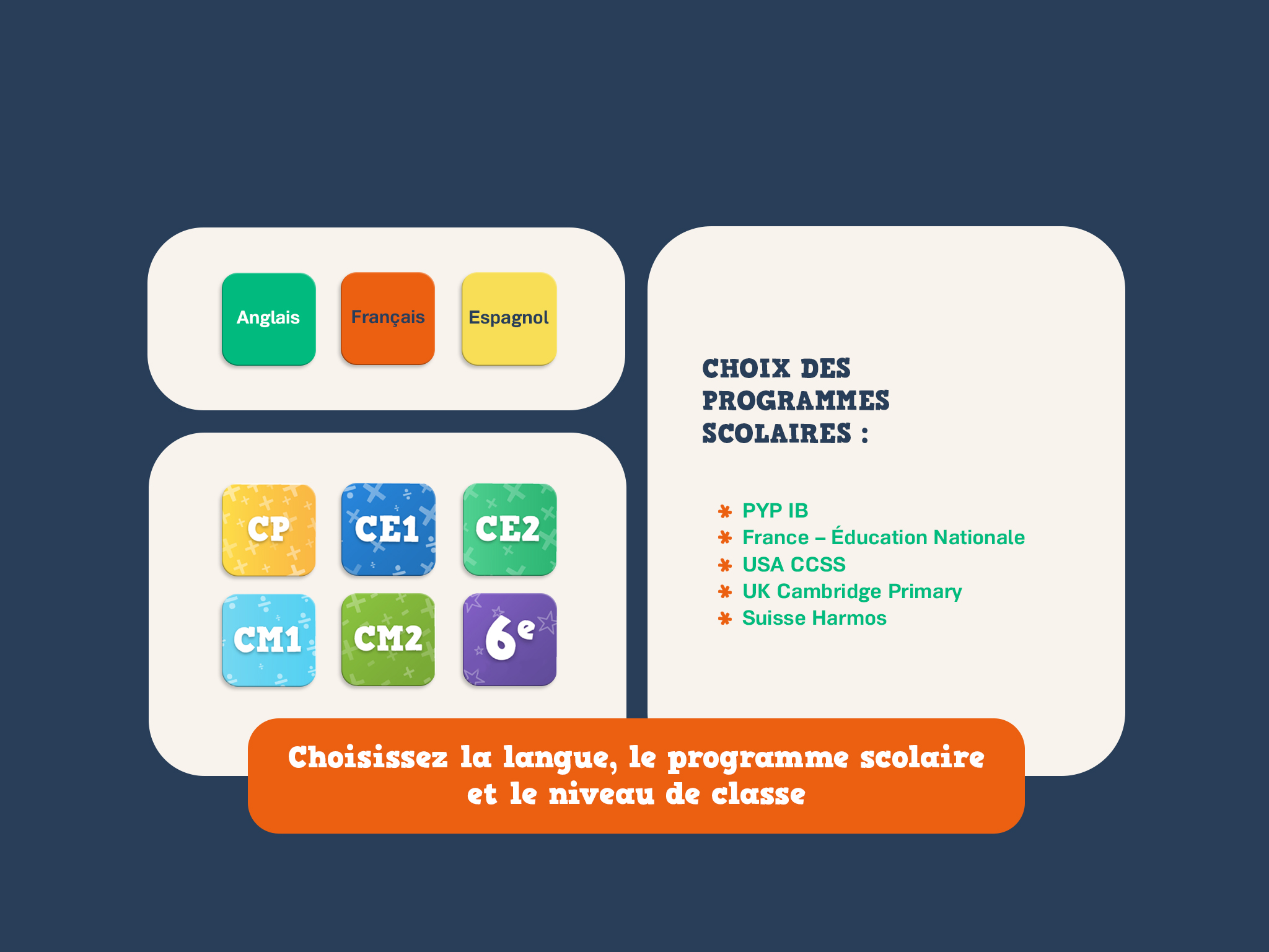 Capture d'éléments du menu de myBlee School permettant de choisir la langue, le programme scolaire, et le niveau de classe.