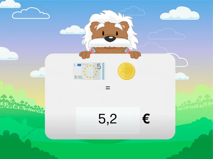 Screenshot of the myBlee Math app in an exercise on decimal numbers. It shows how to count money by adding a €5 bill and a 20-cent coin to get €5.20.