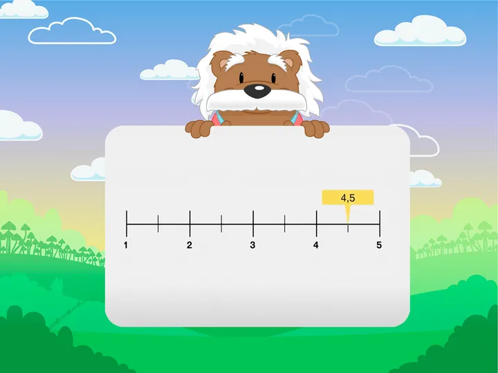 Screenshot of the myBlee Math app in an exercise on decimal numbers. It shows a number line from 1 to 5, with mid-unit marks and a label showing 4.5 above the corresponding mark.