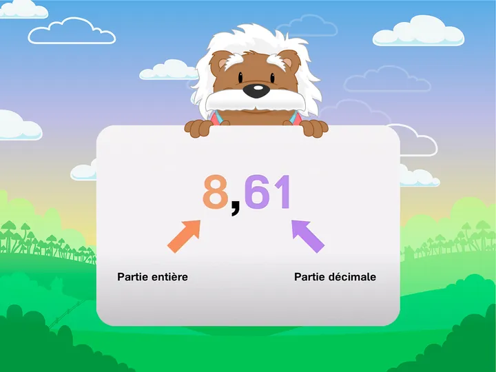 Screenshot of the myBlee Math app in a decimal numbers lesson. It shows a decimal number indicating both the decimal part and the whole number part.