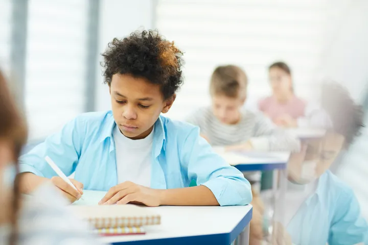 Photo of a primary school student working in class.