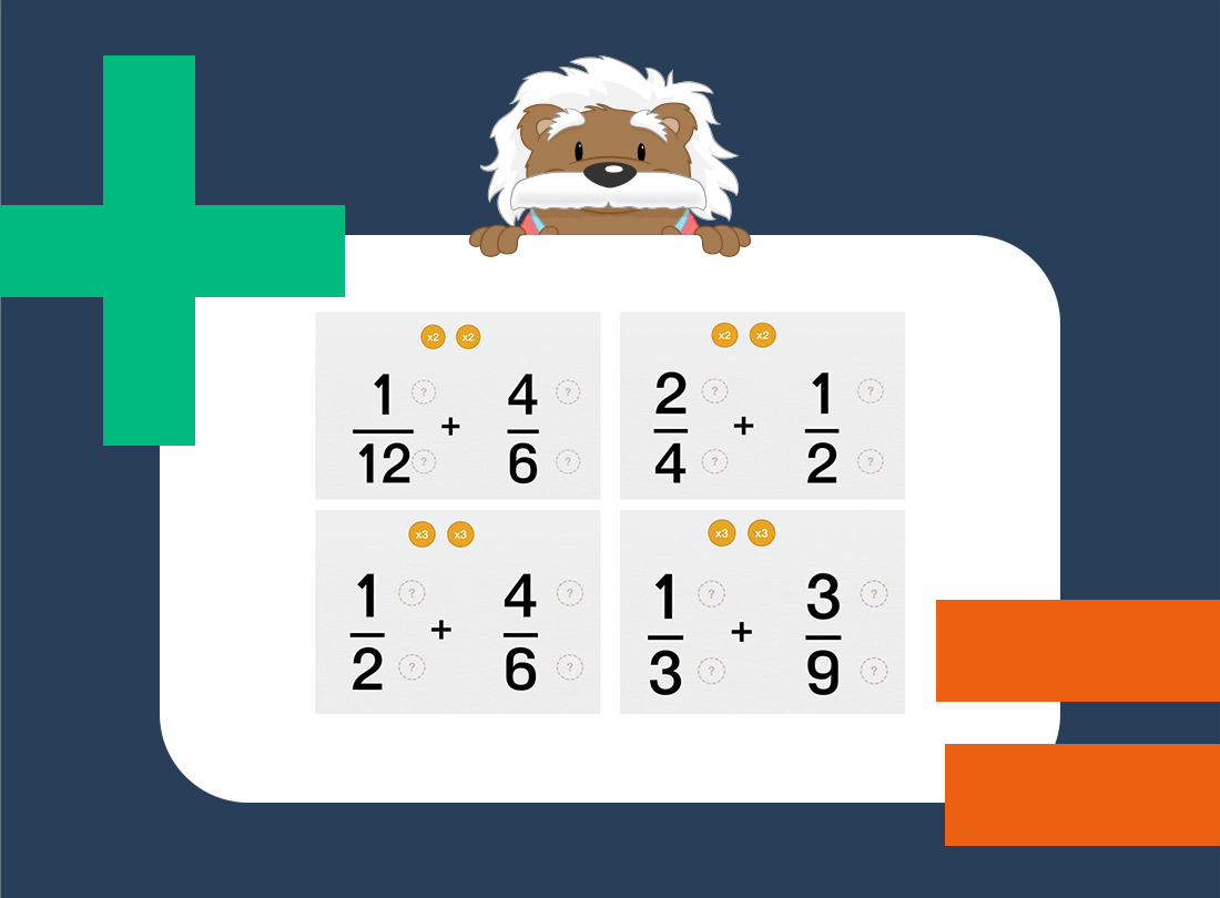 Screenshots of the myBlee School app showing exercises where fractions are placed side by side with a plus sign between them. There are also orange bubbles with multipliers that can be dragged and dropped next to the numerators or denominators.