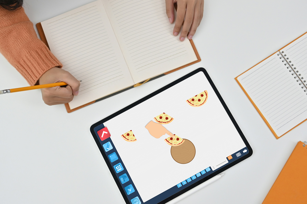 Top-down photo of an iPad displaying a fractions exercise, with a child’s hands writing in her notebook.