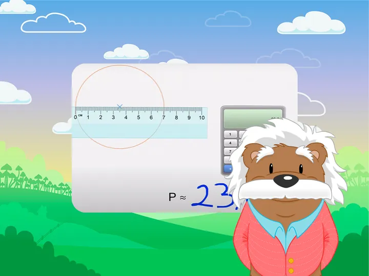 Screenshot of the myBlee Math app in a decimal numbers exercise. It shows a ruler placed to find the radius of a circle, as well as a calculator and the calculated perimeter.