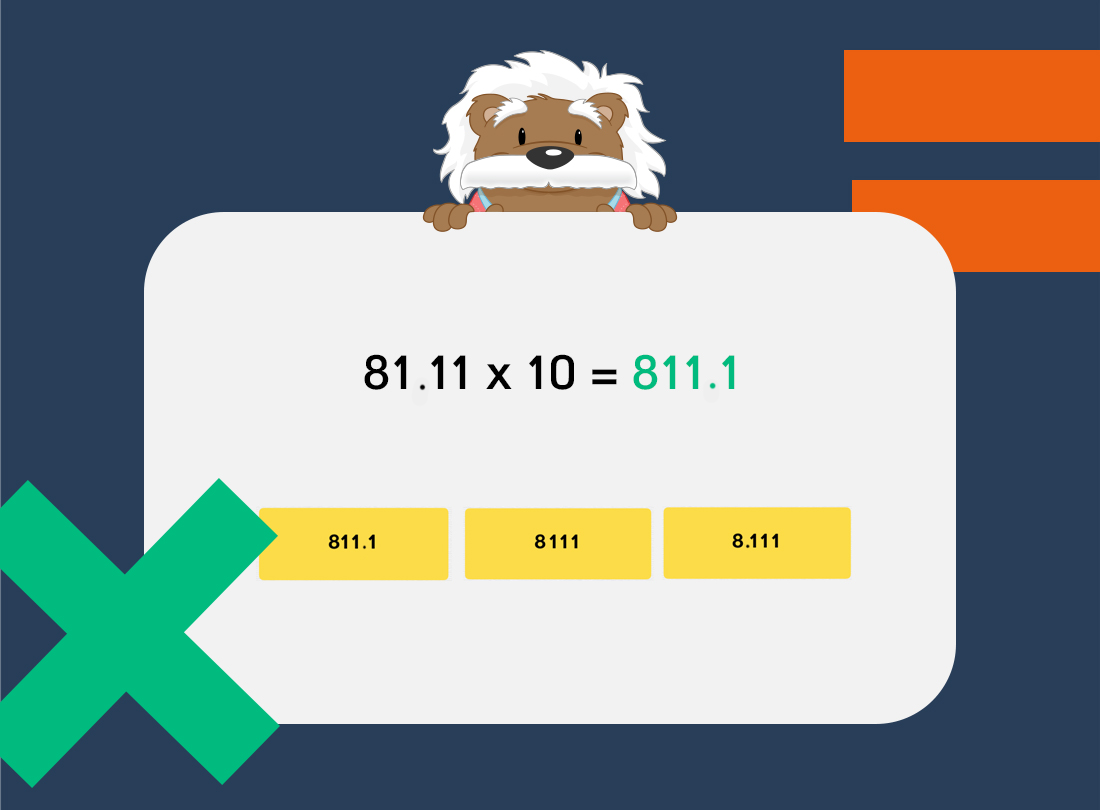 Screenshot of the myBlee School app showing a multiple-choice exercise with the expression 81.10 × 10 and the answer choices: 811.1, 8111, and 8.111. The correction appears in green next to the instruction: 811.1.
