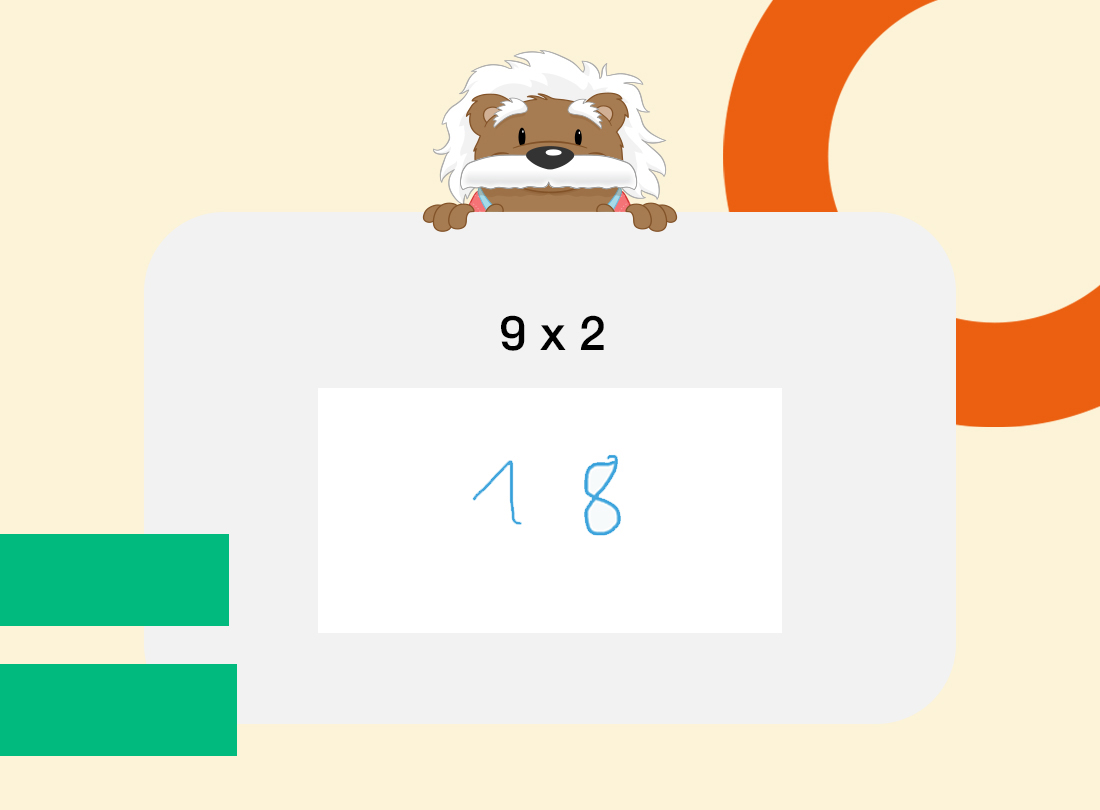 Screenshot of the myBlee School app showing an exercise with ‘9 × 2’ at the top and ‘18’ handwritten underneath.