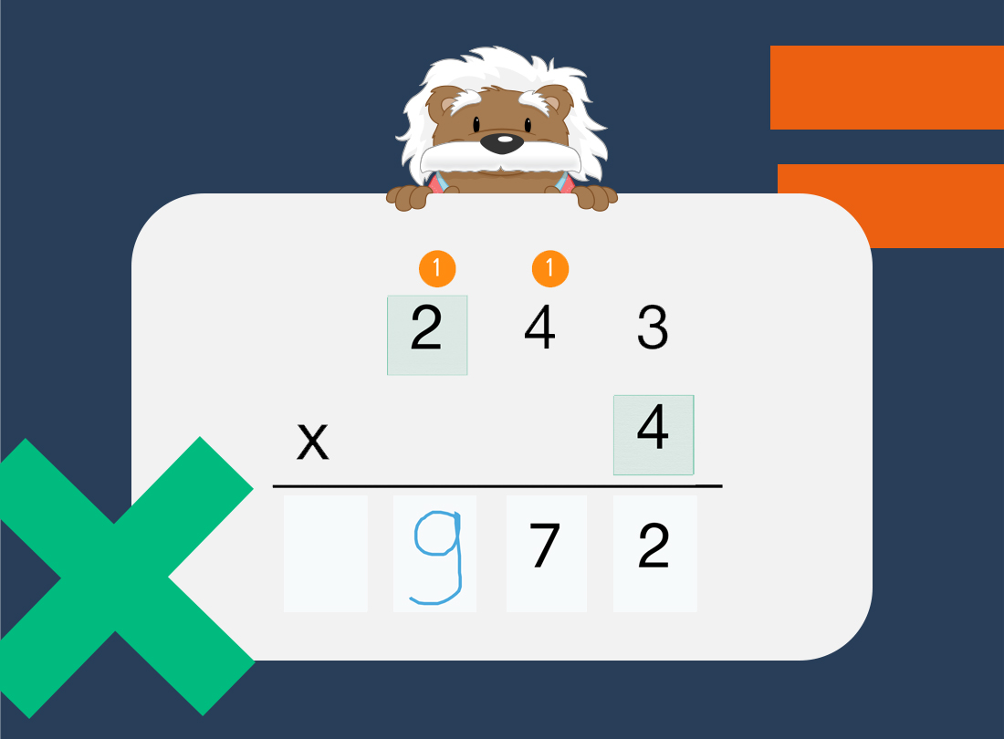 Screenshot of the myBlee School app showing the multiplication 243 × 4 set out in columns. Carry marks are shown above some columns, and the answer is handwritten beneath the result line.