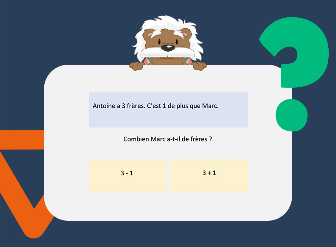 Capture d'écran d'un exercice de l'application myBlee School demandant de choisir entre une addition ou une soustraction pour résoudre le problème posé.