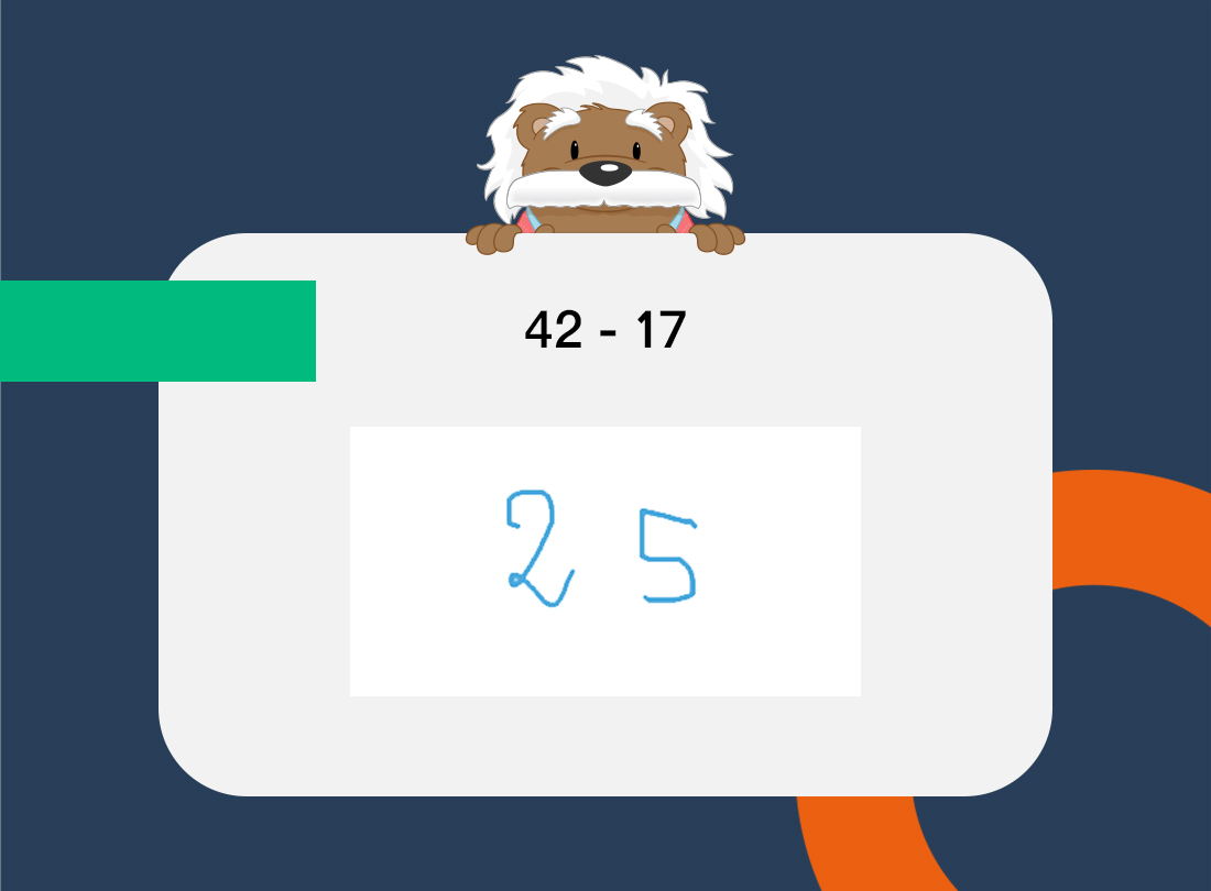 Screenshot of the myBlee School app showing the subtraction 42 − 17 with 25 handwritten underneath.